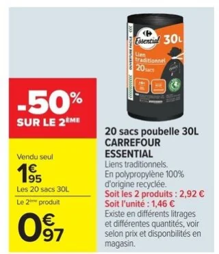 Sacs poubelle 30L CARREFOUR ESSENTIAL Liens traditionnels