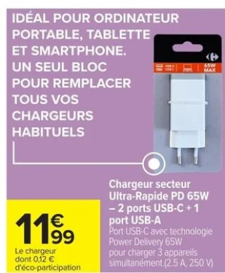 Chargeur secteur Ultra-Rapide PD 65W
