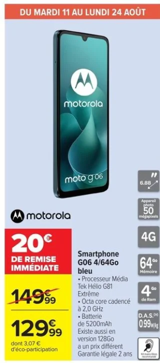 Smartphone Motorola G06 4/64Go bleu