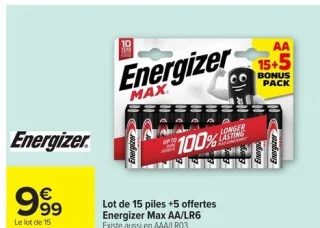 Lot de 15 piles +5 offertes Energizer Max AA/LR6