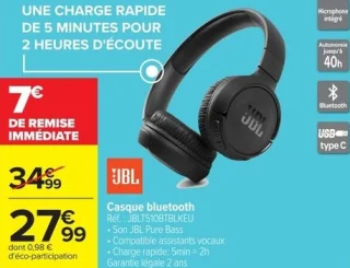 Casque bluetooth JBL JBLT510BTBLKEU