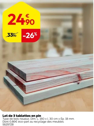 Lot de 3 tablettes en pin