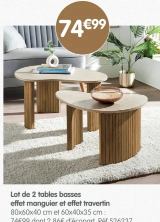 Lot de 2 tables basses effet manguier et effet travertin