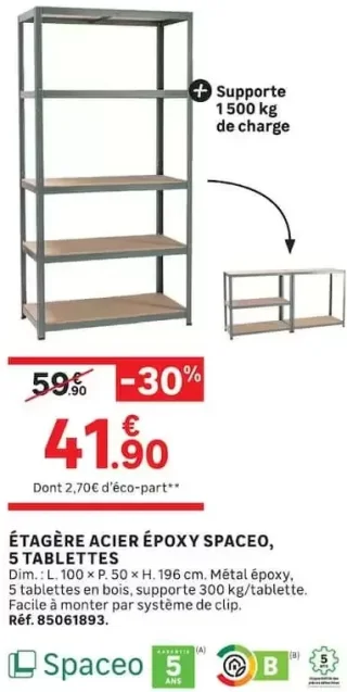 ÉTAGÈRE ACIER ÉPOXY SPACEO, 5 TABLETTES