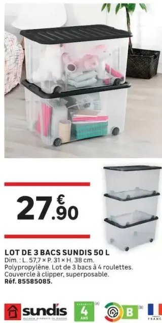 LOT DE 3 BACS SUNDIS 50 L