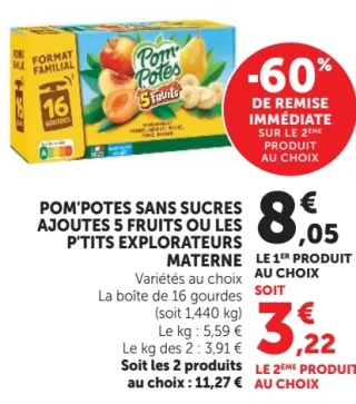 Pom'Potes Sans Sucres Ajoutés 5 Fruits ou Les P'tits Explorateurs Materne - 16 gourdes