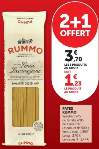 Pâtes Spaghetti n°5 ou farfalle n°85 ou fusilli n°48 Rummo