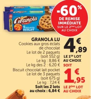 Granola LU Cookies ou Biscuit chocolat lait pocket