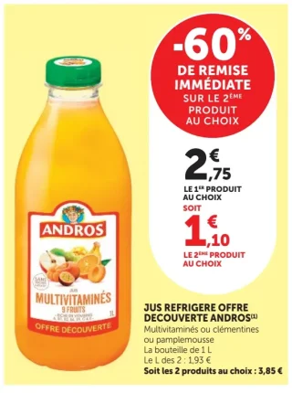 Jus réfrigéré offre découverte Andros Multivitaminés ou clémentines ou pamplemousse