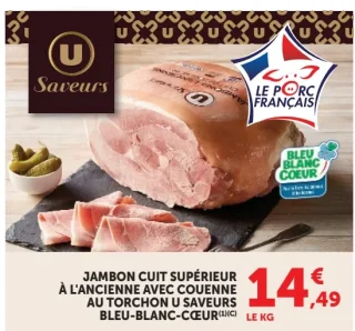 Jambon cuit supérieur à l'ancienne avec couenne au torchon U Saveurs