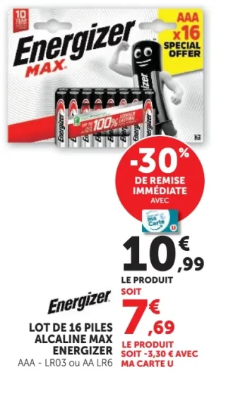 Lot de 16 piles alcaline Max Energizer AAA - LR03 ou AA LR6