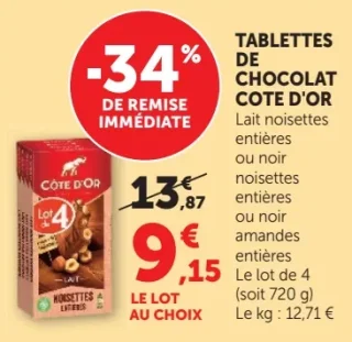 Tablettes de Chocolat Côte d'Or Lait noisettes entières ou noir noisettes entières ou noir amandes entières