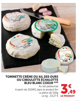 Tommette Crème ou Ail des Ours ou Ciboulette Échalote Bleu Blanc Coeur