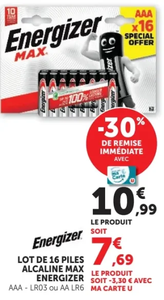 Piles alcaline Max Energizer AAA - LR03 ou AA LR6