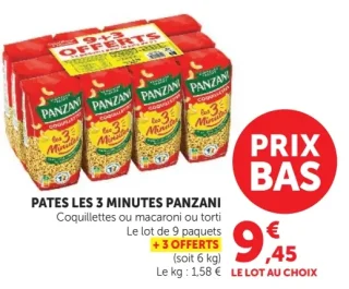Pates les 3 minutes Panzani Coquillettes ou macaroni ou torti