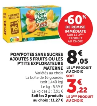 Pom'Potes sans sucres ajoutés 5 fruits ou les P'tits Explorateurs Materne 16 gourdes