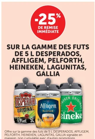 Gamme des fûts de 5 L Desperados, Affligem, Pelforth, Heineken, Lagunitas, Gallia