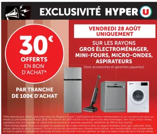 Offre de 30€ en bon d'achat par tranche de 100€ sur gros électroménager, mini-fours, micro-ondes, aspirateurs