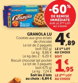 Granola LU Cookies aux gros éclats de chocolat ou Biscuit chocolat lait pocket