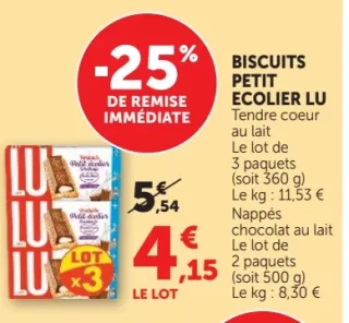 Biscuits Petit Ecolier LU Tendre coeur au lait ou Nappés chocolat au lait