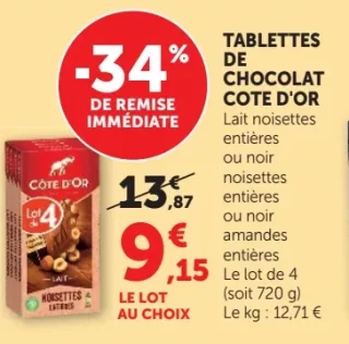 Tablettes de chocolat Côte d'Or Lait noisettes entières, noir noisettes entières ou noir amandes entières