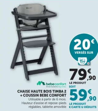 Chaise haute bois Timba 2 + coussin Bebe Confort