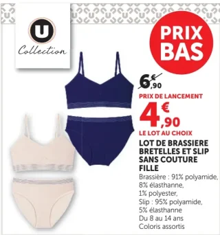 Lot de brassière bretelles et slip sans couture fille U Collection