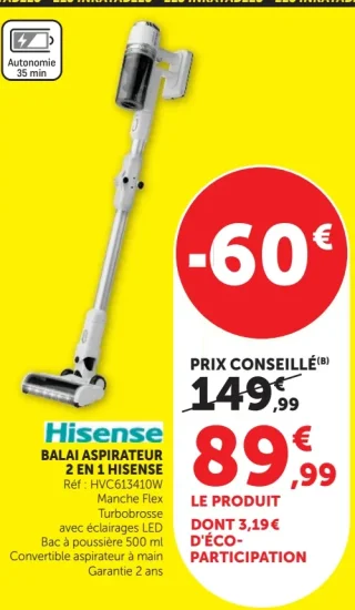 Hisense BALAI ASPIRATEUR 2 EN 1 HVC613410W