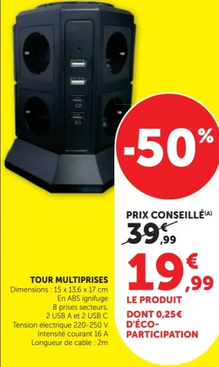 Tour Multiprises 8 prises secteurs et ports USB