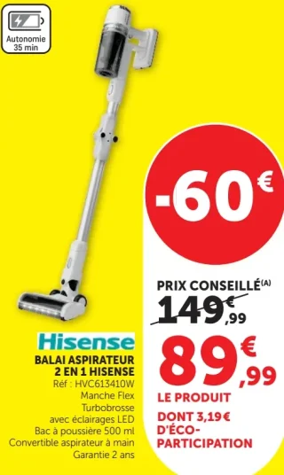 Hisense Balai Aspirateur 2 en 1 HVC613410W