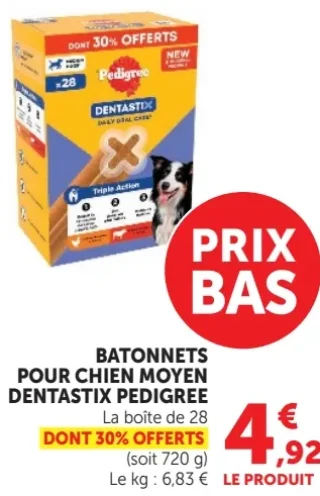 BATONNETS POUR CHIEN MOYEN DENTASTIX PEDIGREE La boîte de 28 DONT 30% OFFERTS