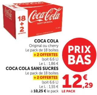 COCA COLA Original ou cherry / COCA COLA SANS SURES Le pack de 18 boîtes + 2 OFFERTES