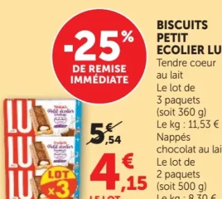 Biscuits Petit Ecolier LU Tendre coeur au lait ou Nappés chocolat au lait