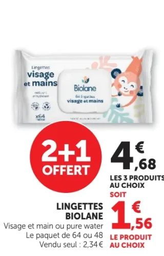Lingettes Biolane visage et mains ou pure water