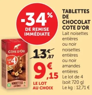 Tablettes de chocolat Côte d'Or Lait noisettes entières ou noir noisettes entières ou noir amandes entières