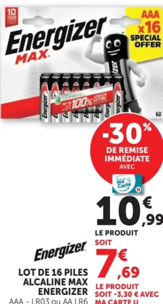 Lot de 16 piles alcaline Max Energizer AAA ou AA