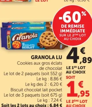 Granola LU Cookies aux gros éclats de chocolat ou Biscuit chocolat lait pocket