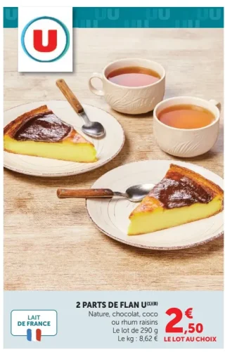 2 Parts de Flan U (Nature, chocolat, coco ou rhum raisins)