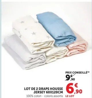 LOT DE 2 DRAPS HOUSSE JERSEY 60X120CM