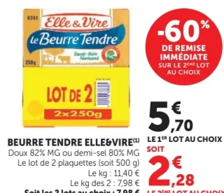 Beurre Tendre Elle & Vire Doux 82% MG ou demi-sel 80% MG