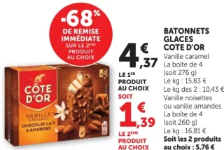 Bâtonnets glaces Côte d'Or Vanille caramel ou vanille amandes