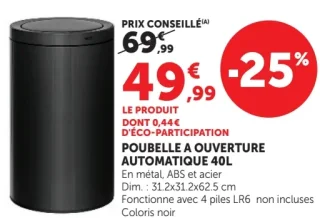 Poubelle à ouverture automatique 40L