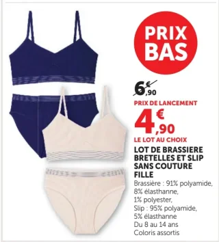 LOT DE BRASSIERE BRETELLES ET SLIP SANS COUTURE FILLE