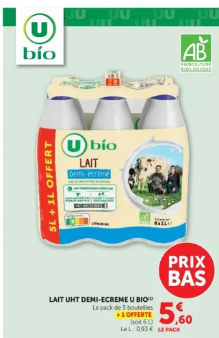 Lait UHT Demi-Écrémé U BIO