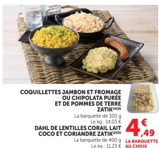 Coquillettes jambon et fromage ou chipolata purée de pommes de terre / Dahl de lentilles corail lait coco et coriandre Zatik