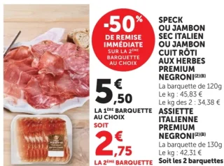 Speck ou jambon sec italien ou jambon cuit rôti aux herbes premium Negroni ou assiette italienne premium Negroni