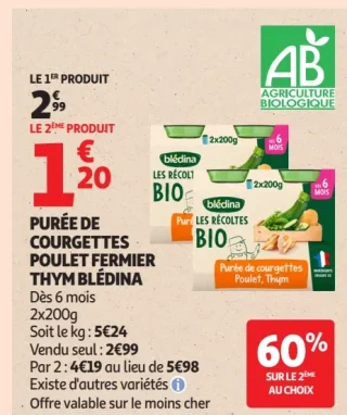 Blédina Les Récoltes Bio Purée de courgettes poulet fermier thym