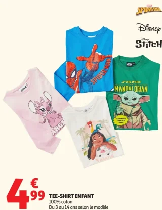 TEE-SHIRT ENFANT Disney, Spider-Man, Star Wars, Stitch ou Vaiana