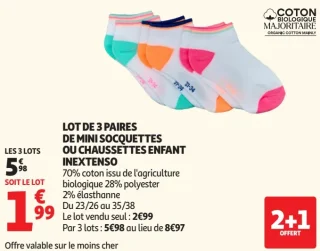 Lot de 3 paires de mini socquettes ou chaussettes enfant Inextenso