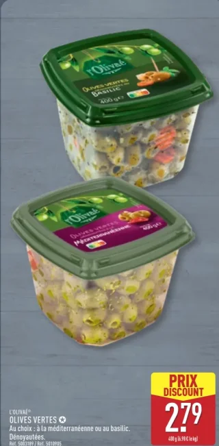 Olives vertes au choix : à la méditerranéenne ou au basilic L'Olivaé